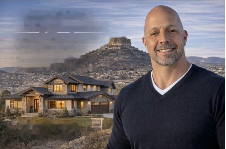 Jason Kovacs, Castle Rock Colorado realtor, standing in front of a luxury stone-and-timber home with the Castle Rock formation in the background